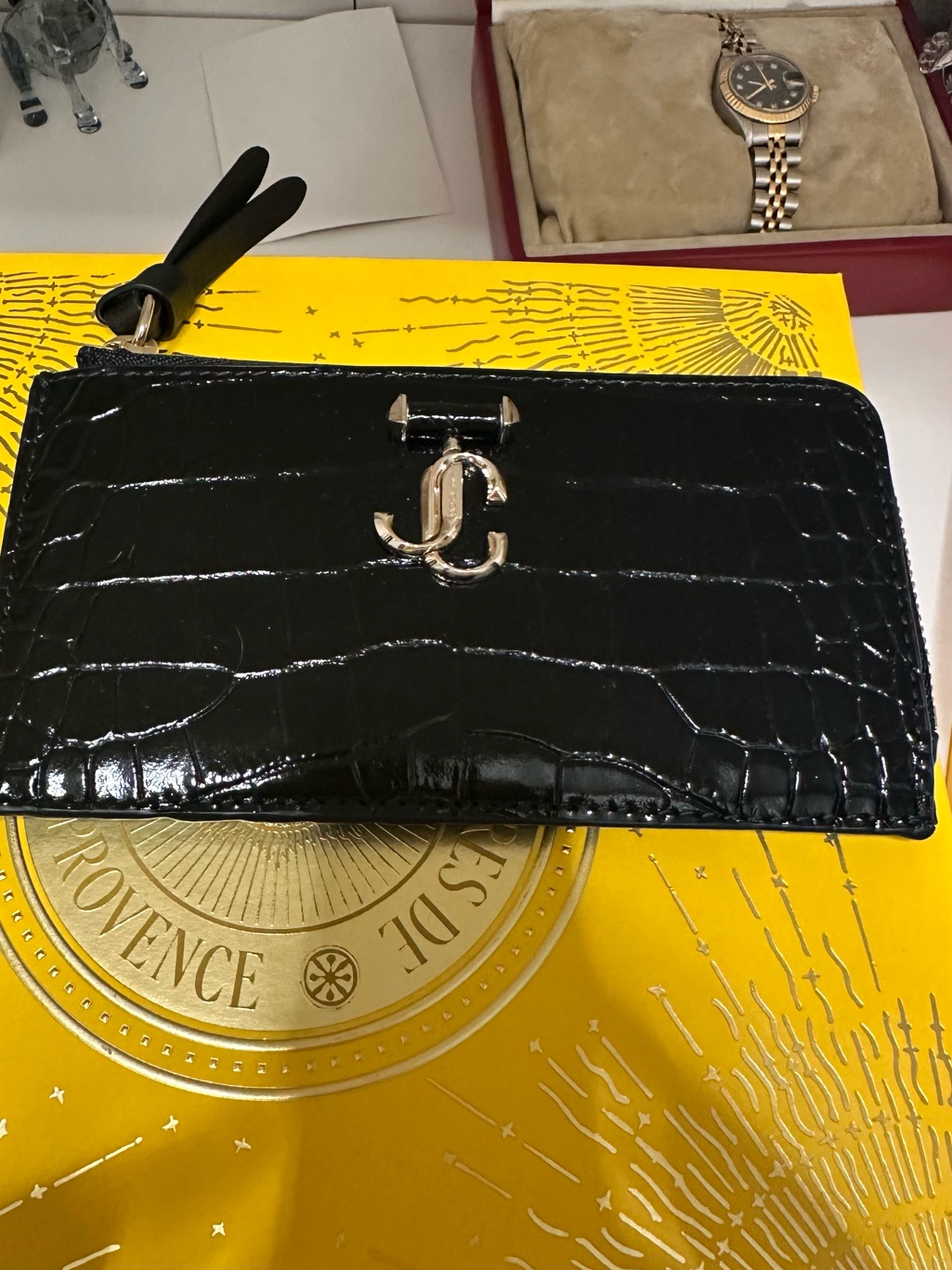 Jimmy Choo Black And Gold Zip Card Holder